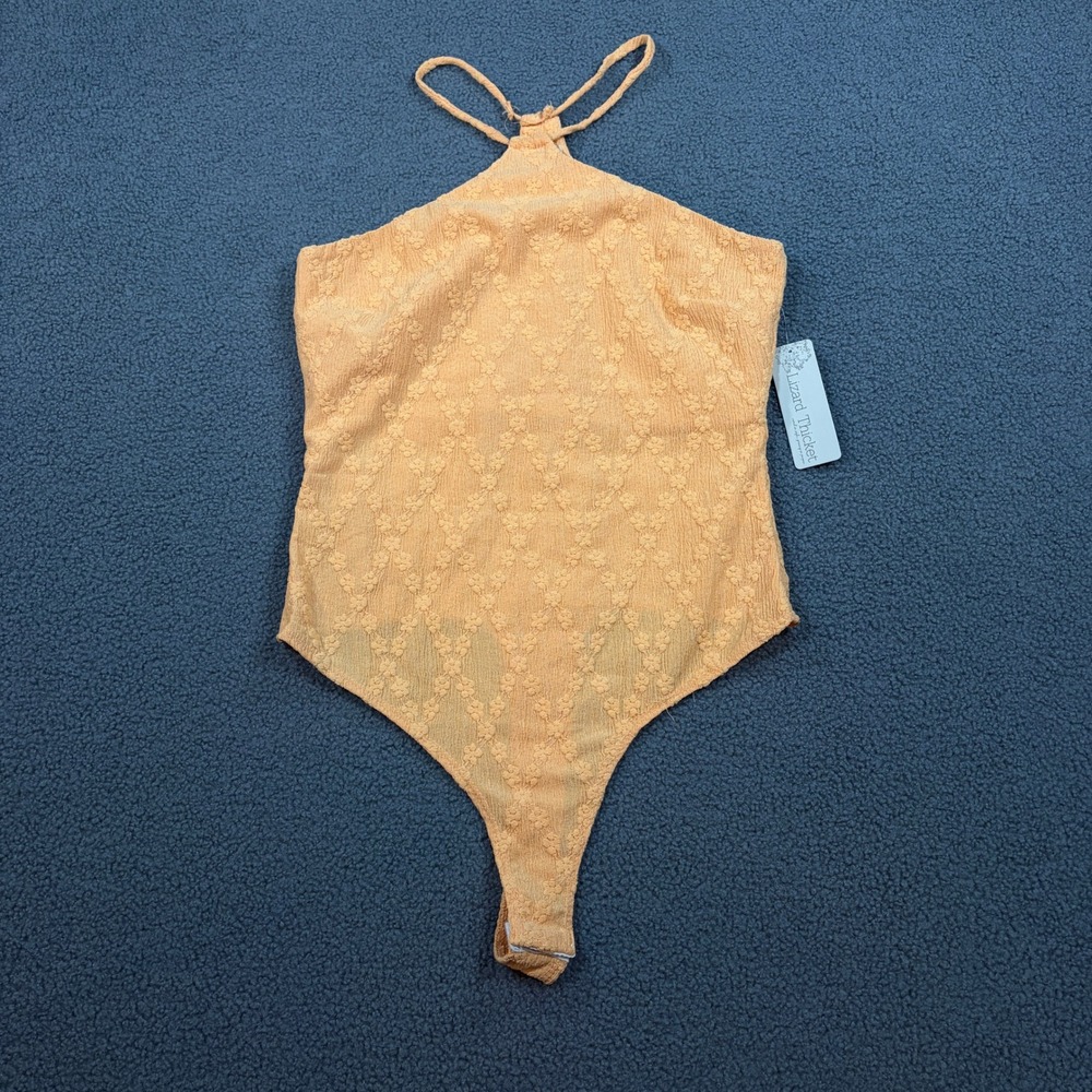 Grace Bodysuit Women Medium Orange Apricot Halter Textured Floral Knit 8875